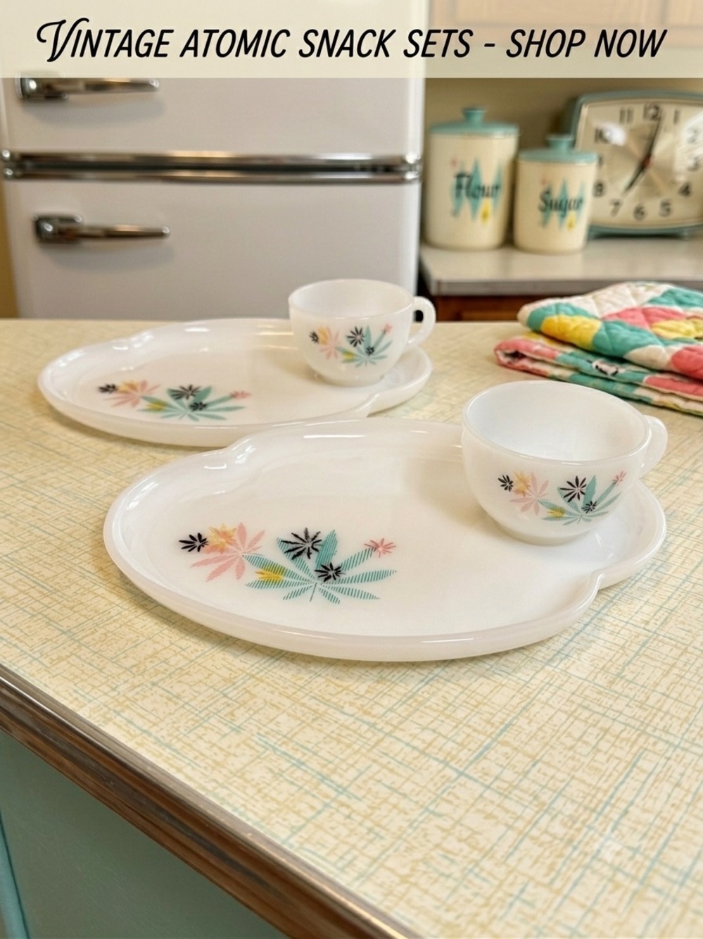 Vintage Federal Glass Atomic Starburst Snack Sets - Set of 2 Cups & Plates